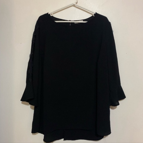 3/$30 Mandee Black bell 3/4 sleeve lace down sleeves semi sheer blouse - Picture 2 of 10